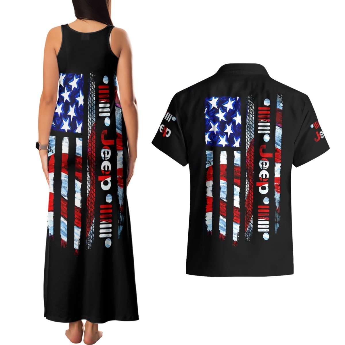 American Jeep Couples Matching Tank Maxi Dress and Hawaiian Shirt American Flag Jeep Life DT01 - The Mazicc - S - S - Black