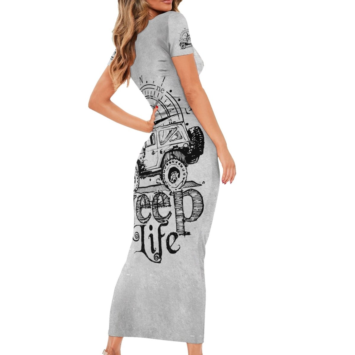 American Jeep Short Sleeve Bodycon Dress Sketch Art Jeep Life DT01 - The Mazicc - Long Dress - S - Gray