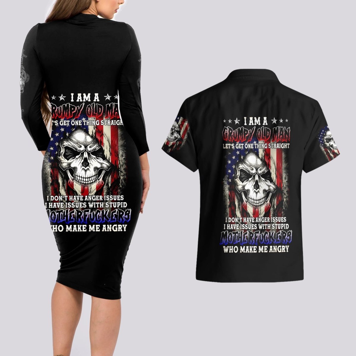 American Skull Couples Matching Long Sleeve Bodycon Dress and Hawaiian Shirt Grumpy Old Man Motherfuckers Who Make Me Angry DT01 - The Mazicc - S - S - Black