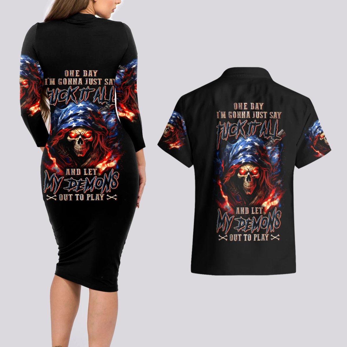 American Skull Couples Matching Long Sleeve Bodycon Dress and Hawaiian Shirt One Day I Gonna Fuck It All DT01 - The Mazicc - S - S - Black