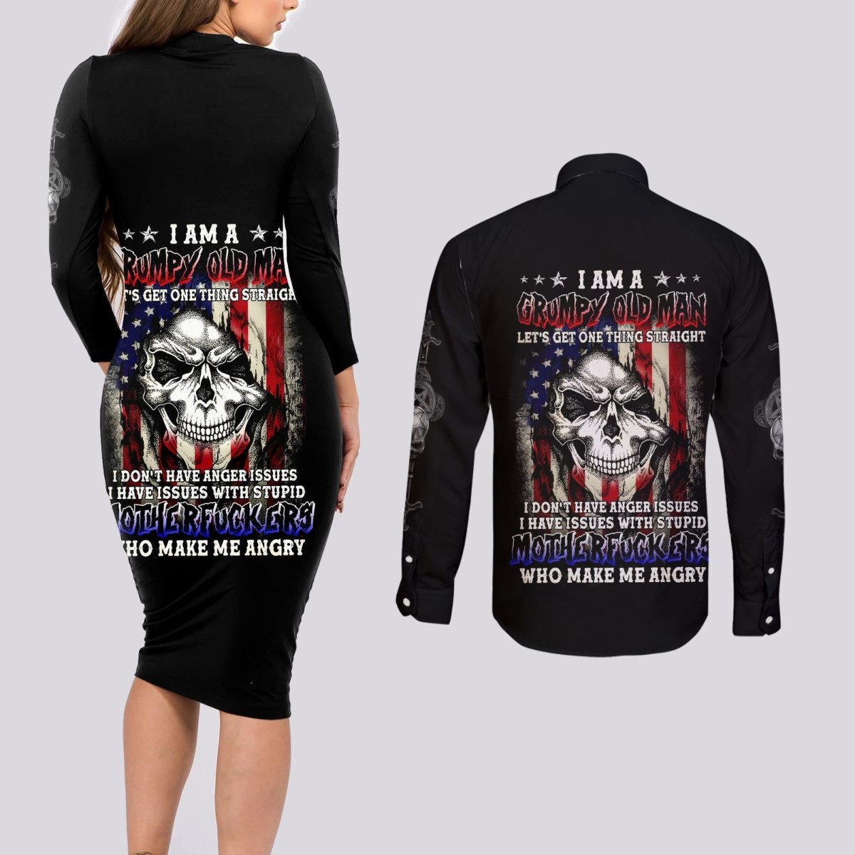 American Skull Couples Matching Long Sleeve Bodycon Dress and Long Sleeve Button Shirts Grumpy Old Man Motherfuckers Who Make Me Angry DT01 - The Mazicc - S - S - Black