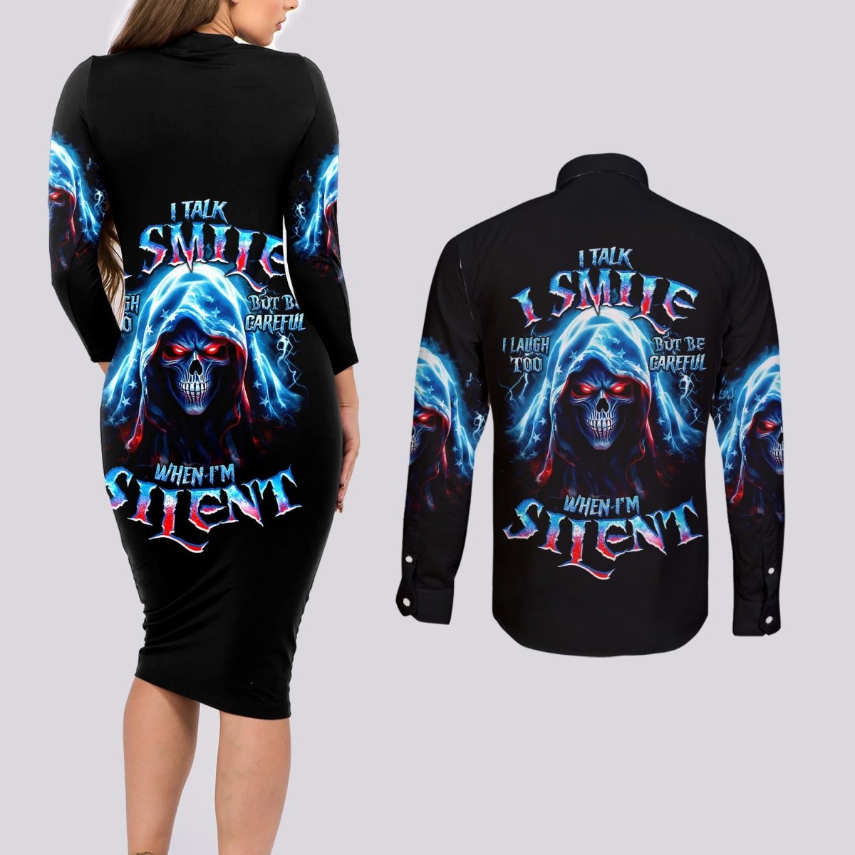 American Skull Couples Matching Long Sleeve Bodycon Dress and Long Sleeve Button Shirts I Talk I Smile But Be Carefull When I Silent DT01 - The Mazicc - S - S - Black