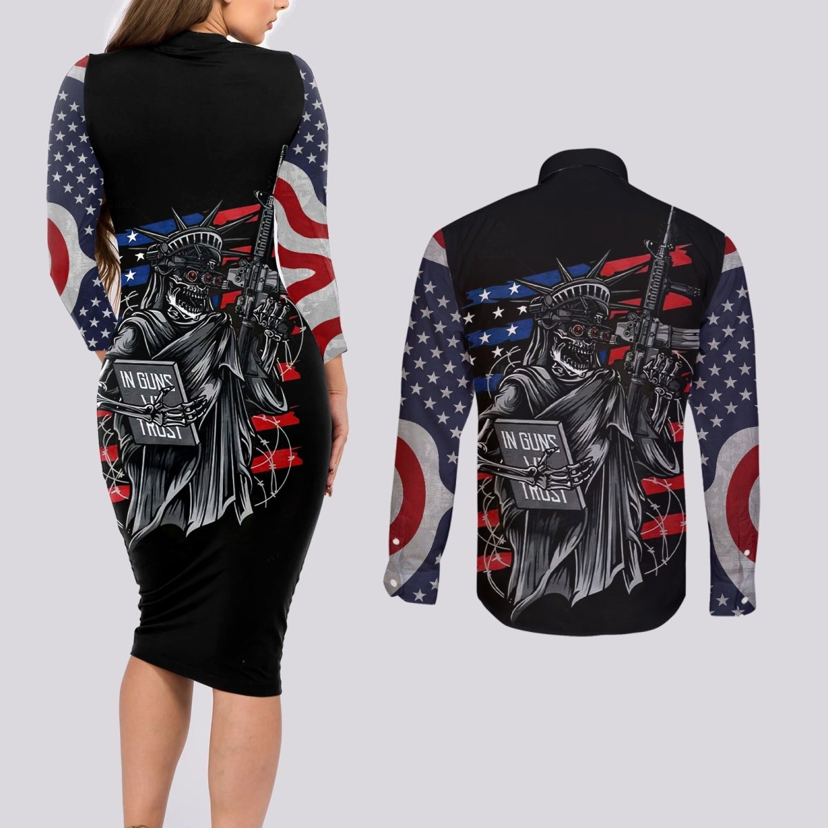 American Skull Couples Matching Long Sleeve Bodycon Dress and Long Sleeve Button Shirts In Gun We Trust DT01 - The Mazicc - S - S - Black