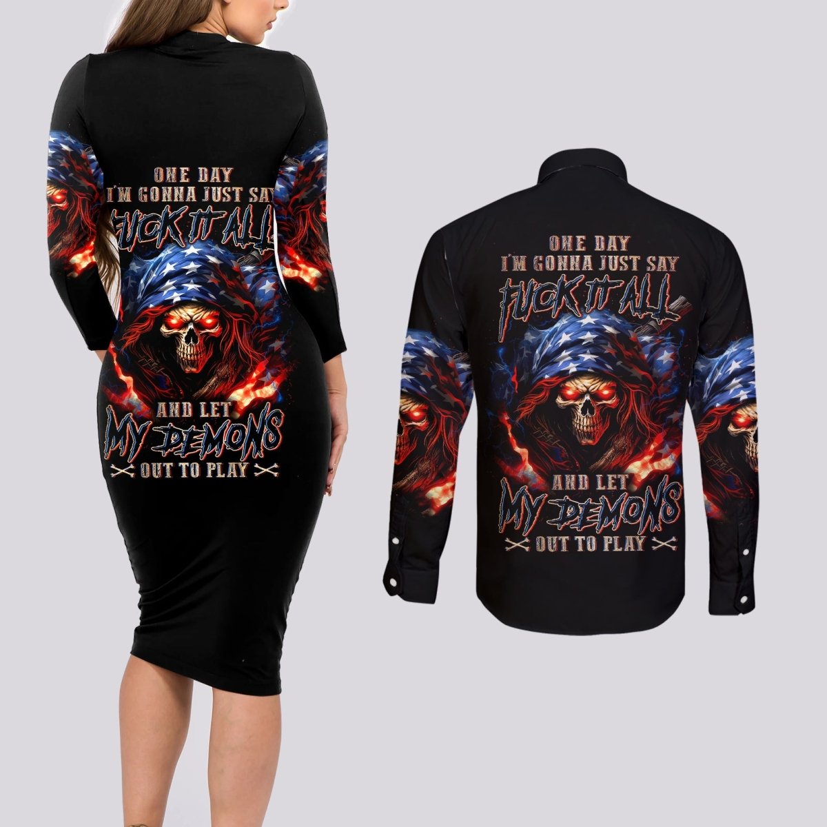 American Skull Couples Matching Long Sleeve Bodycon Dress and Long Sleeve Button Shirts One Day I Gonna Fuck It All DT01 - The Mazicc - S - S - Black