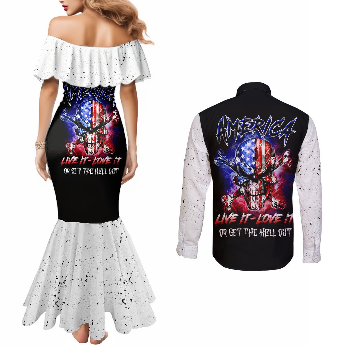 American Skull Couples Matching Mermaid Dress and Long Sleeve Button Shirts American Live It Love It Or Get The Hell Out DT01 - The Mazicc - S - S - Black