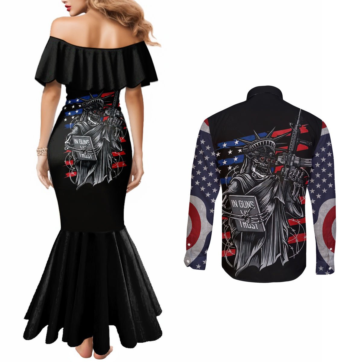 American Skull Couples Matching Mermaid Dress and Long Sleeve Button Shirts In Gun We Trust DT01 - The Mazicc - S - S - Black