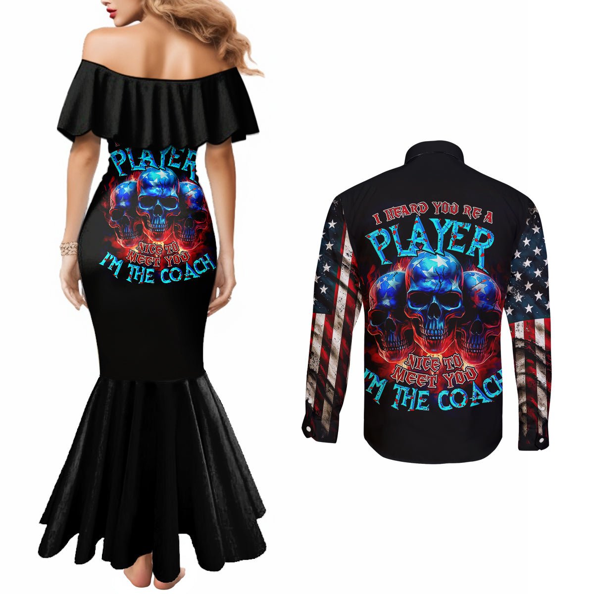 American Skull Couples Matching Mermaid Dress and Long Sleeve Button Shirts Nice To Meet You Im The Coach DT01 - The Mazicc - S - S - Black