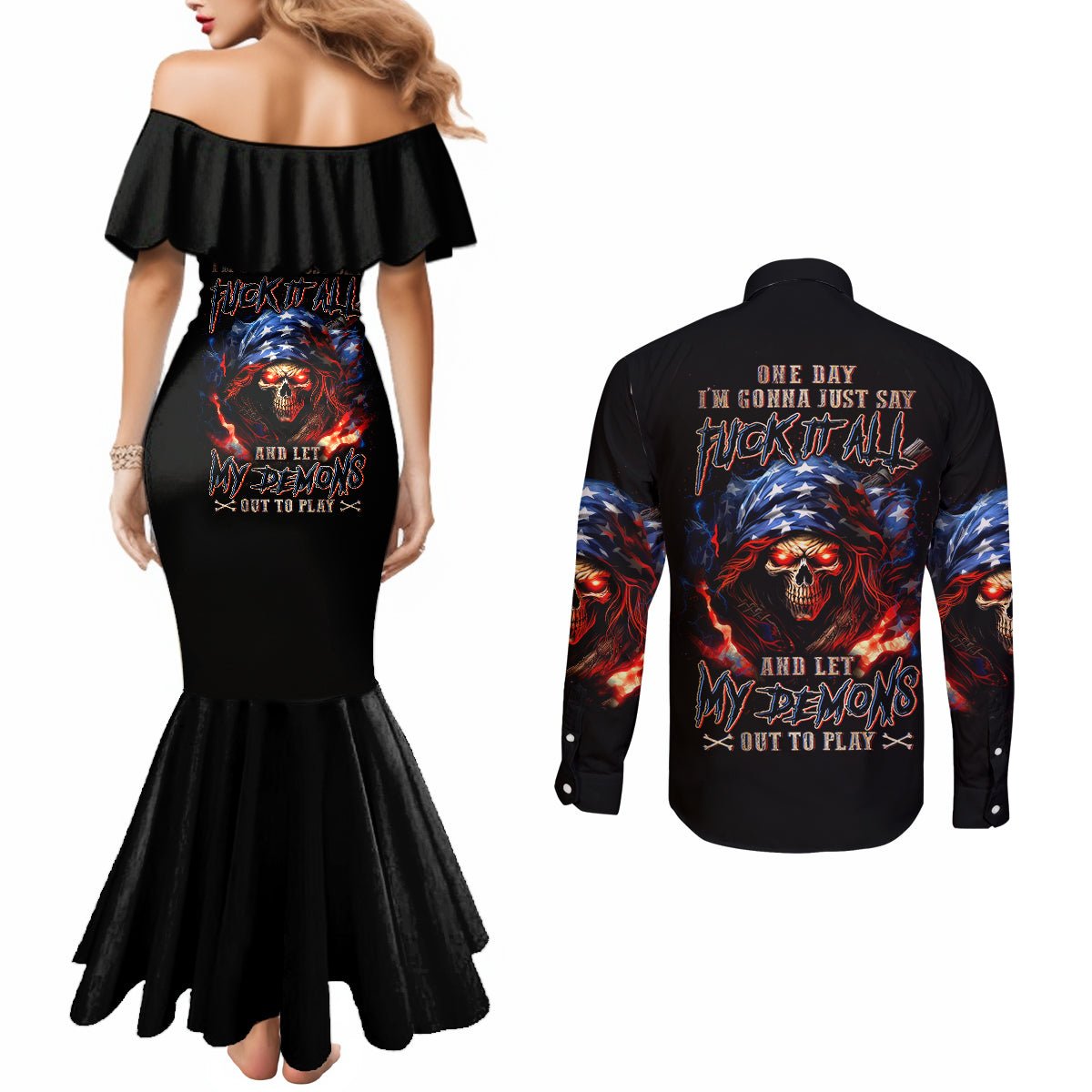 American Skull Couples Matching Mermaid Dress and Long Sleeve Button Shirts One Day I Gonna Fuck It All DT01 - The Mazicc - S - S - Black