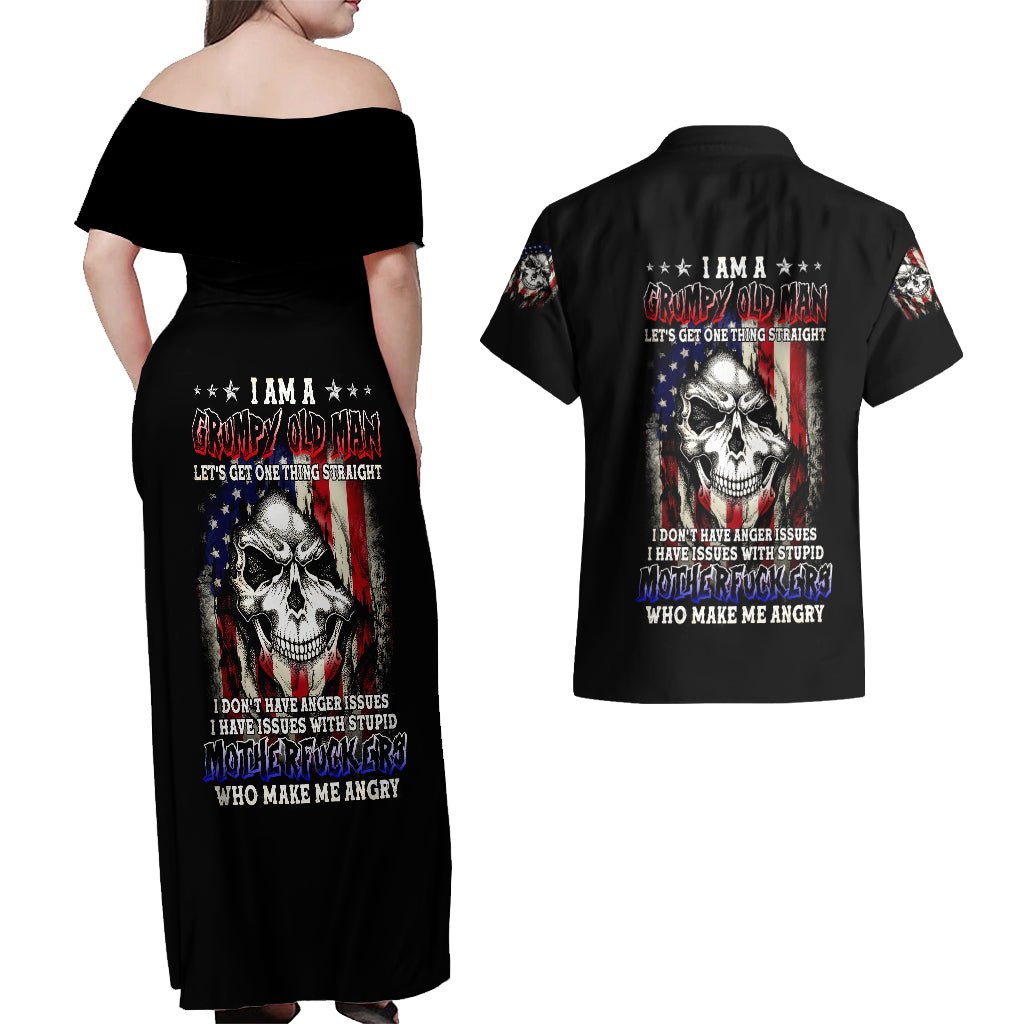 American Skull Couples Matching Off Shoulder Maxi Dress and Hawaiian Shirt Grumpy Old Man Motherfuckers Who Make Me Angry DT01 - The Mazicc - S - S - Black