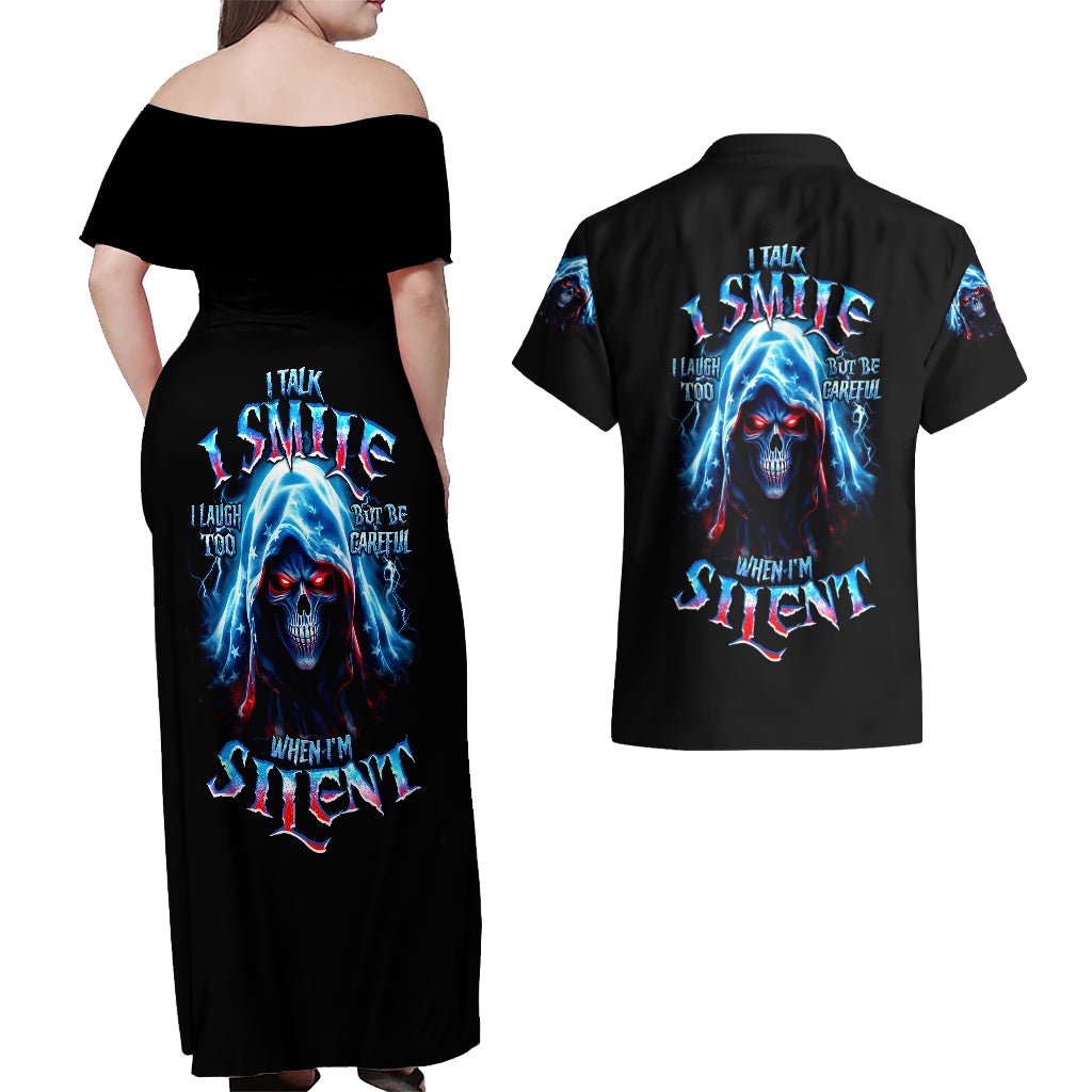 American Skull Couples Matching Off Shoulder Maxi Dress and Hawaiian Shirt I Talk I Smile But Be Carefull When I Silent DT01 - The Mazicc - S - S - Black