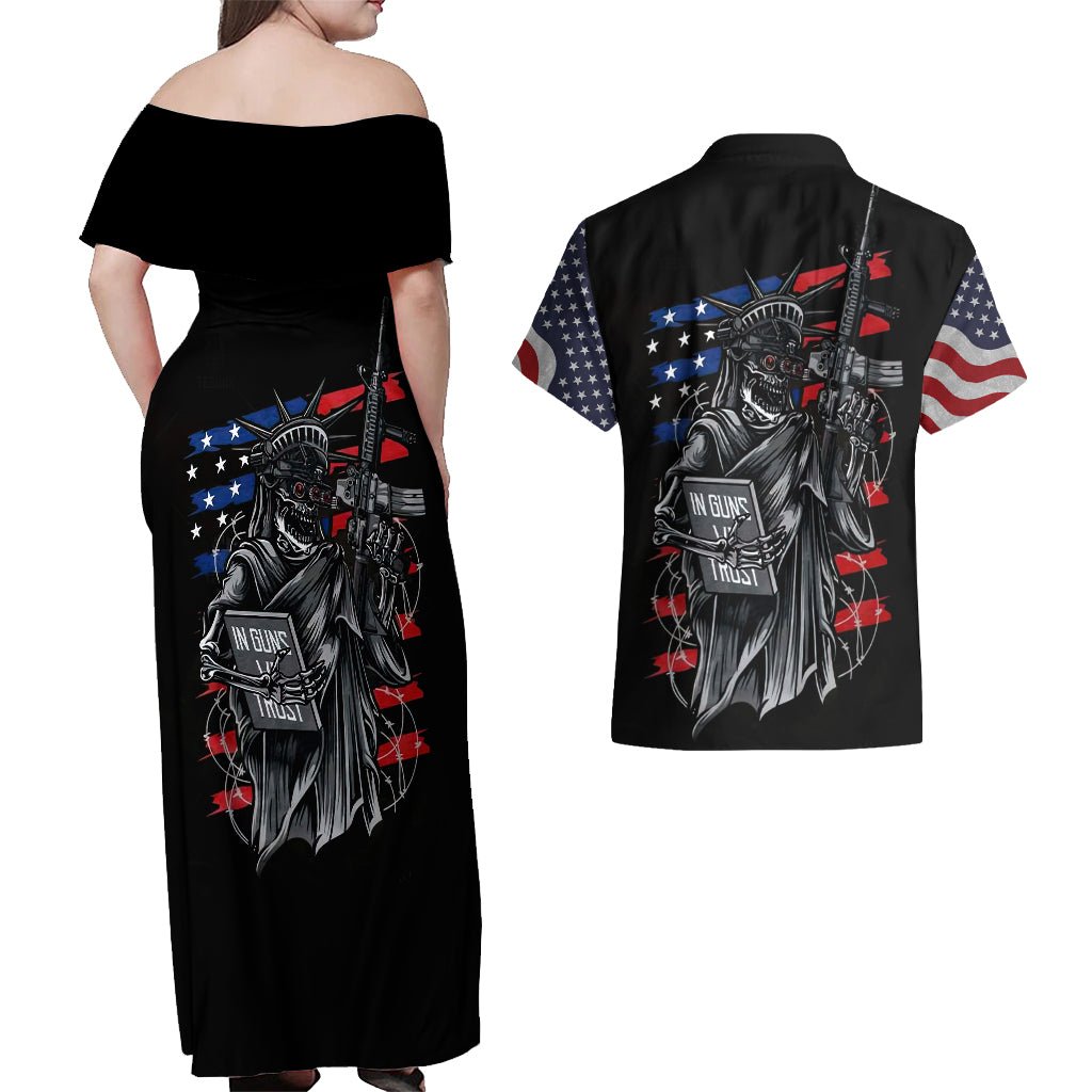 American Skull Couples Matching Off Shoulder Maxi Dress and Hawaiian Shirt In Gun We Trust DT01 - The Mazicc - S - S - Black