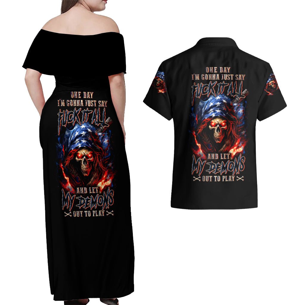 American Skull Couples Matching Off Shoulder Maxi Dress and Hawaiian Shirt One Day I Gonna Fuck It All DT01 - The Mazicc - S - S - Black