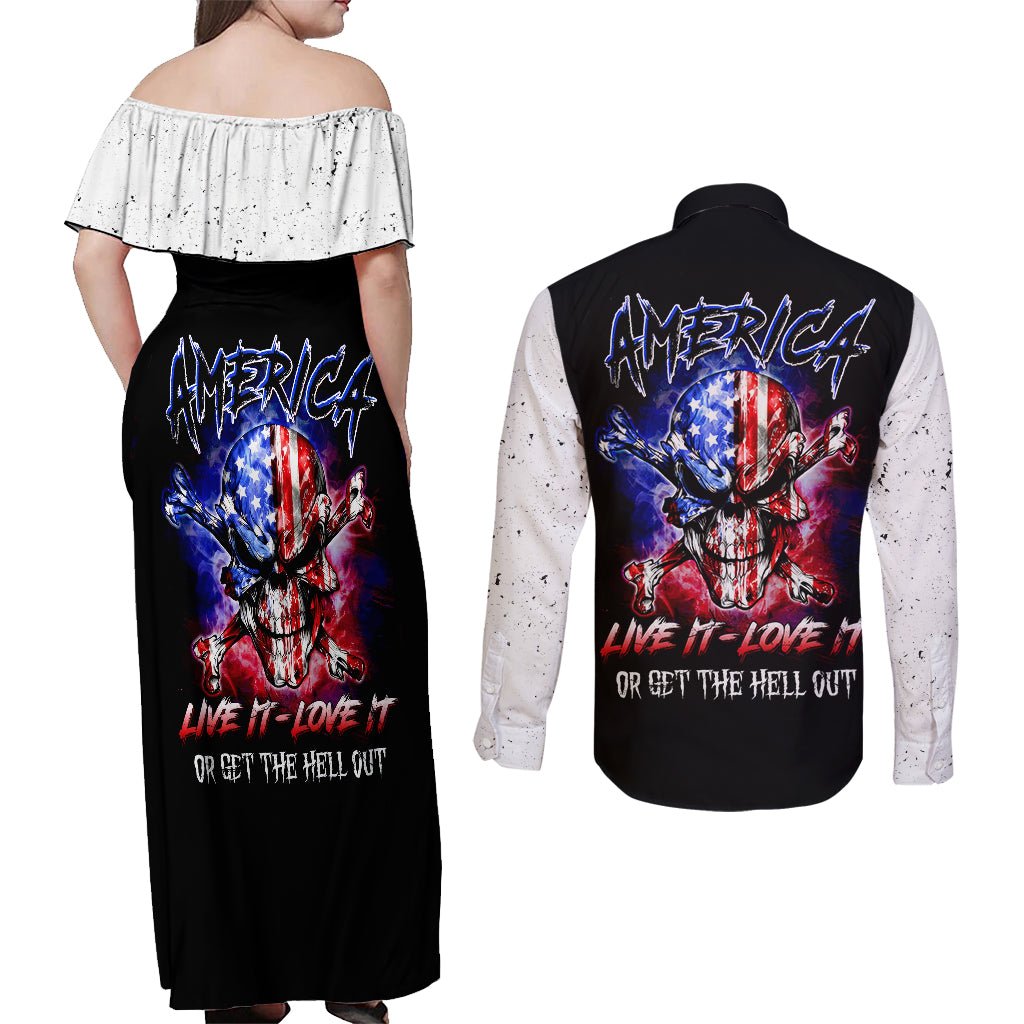 American Skull Couples Matching Off Shoulder Maxi Dress and Long Sleeve Button Shirts American Live It Love It Or Get The Hell Out DT01 - The Mazicc - S - S - Black