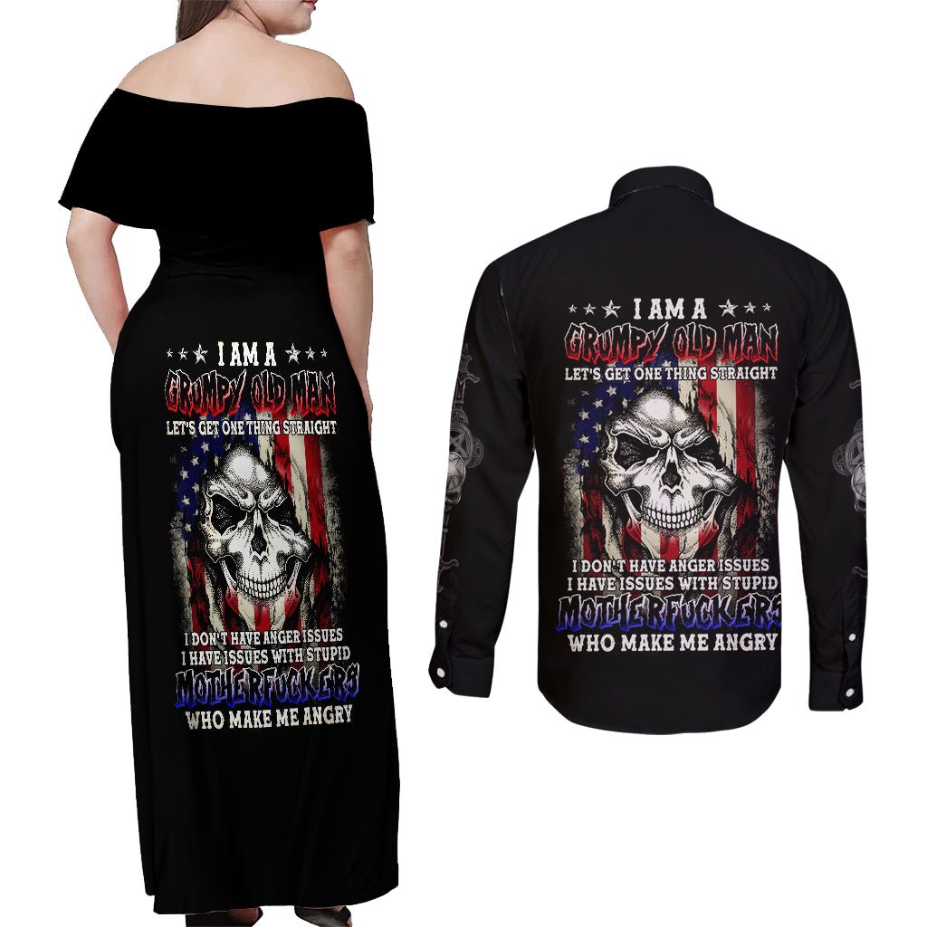 American Skull Couples Matching Off Shoulder Maxi Dress and Long Sleeve Button Shirts Grumpy Old Man Motherfuckers Who Make Me Angry DT01 - The Mazicc - S - S - Black