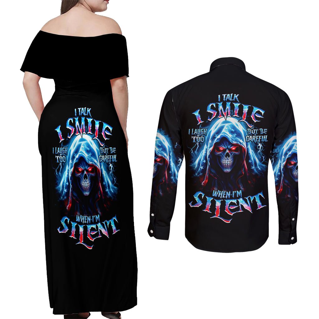 American Skull Couples Matching Off Shoulder Maxi Dress and Long Sleeve Button Shirts I Talk I Smile But Be Carefull When I Silent DT01 - The Mazicc - S - S - Black