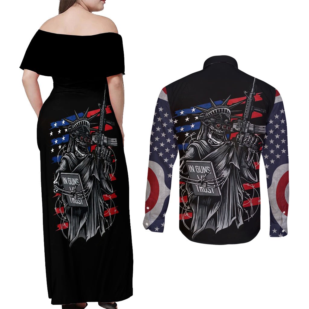 American Skull Couples Matching Off Shoulder Maxi Dress and Long Sleeve Button Shirts In Gun We Trust DT01 - The Mazicc - S - S - Black