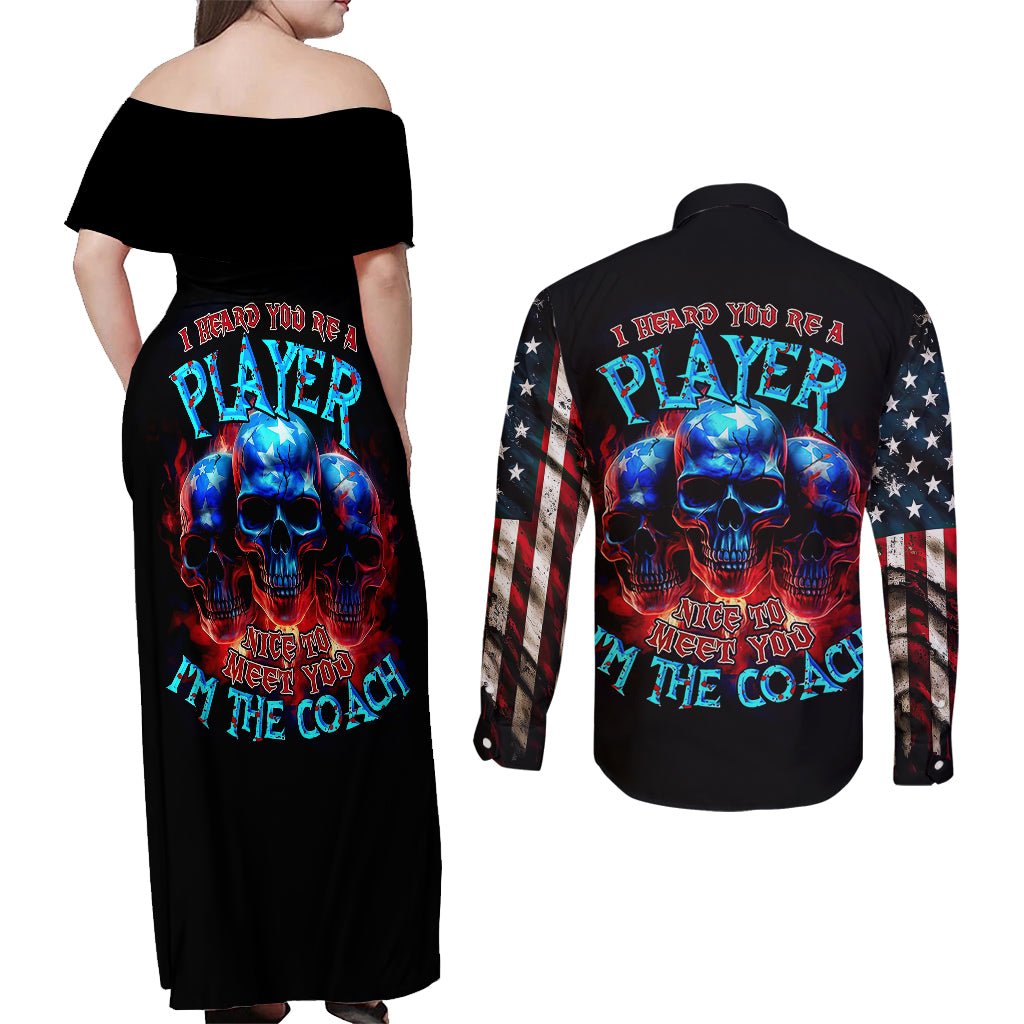 American Skull Couples Matching Off Shoulder Maxi Dress and Long Sleeve Button Shirts Nice To Meet You Im The Coach DT01 - The Mazicc - S - S - Black