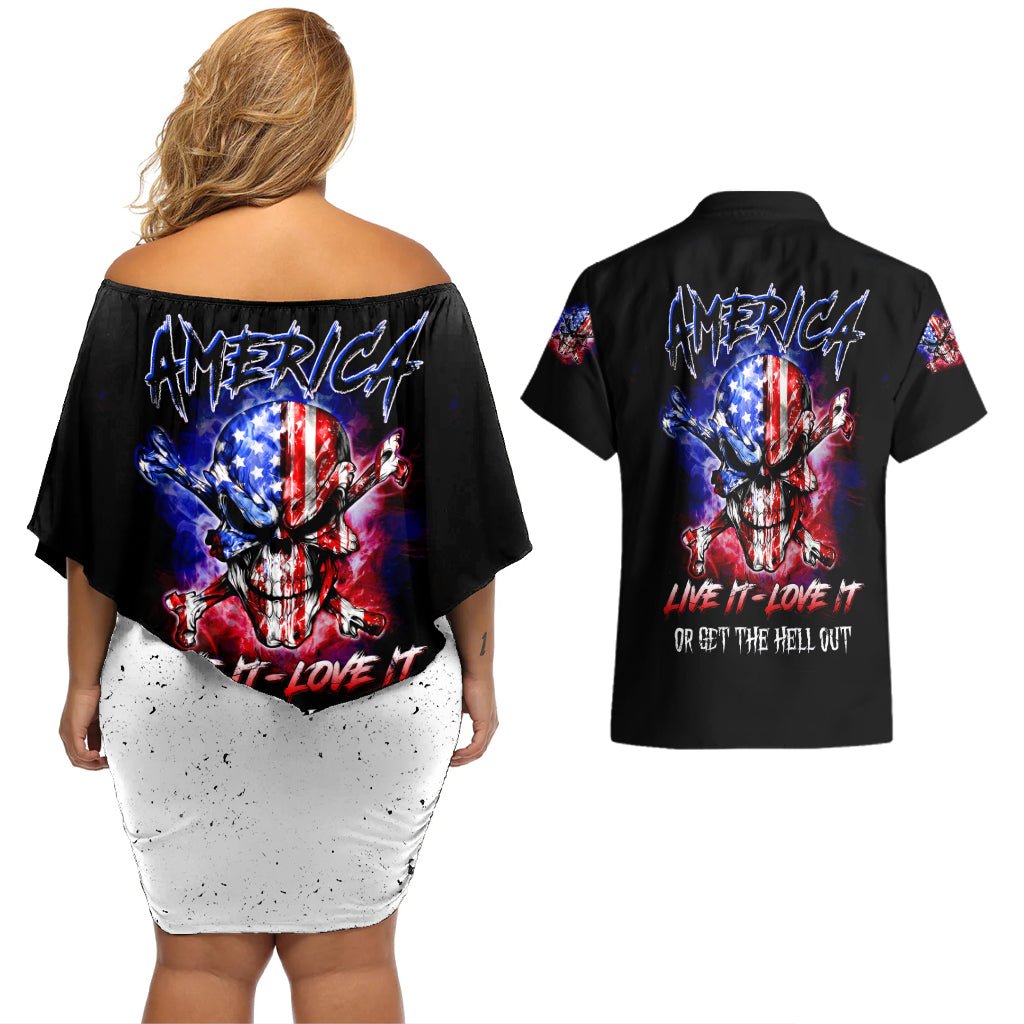 American Skull Couples Matching Off Shoulder Short Dress and Hawaiian Shirt American Live It Love It Or Get The Hell Out DT01 - The Mazicc - S - S - Black