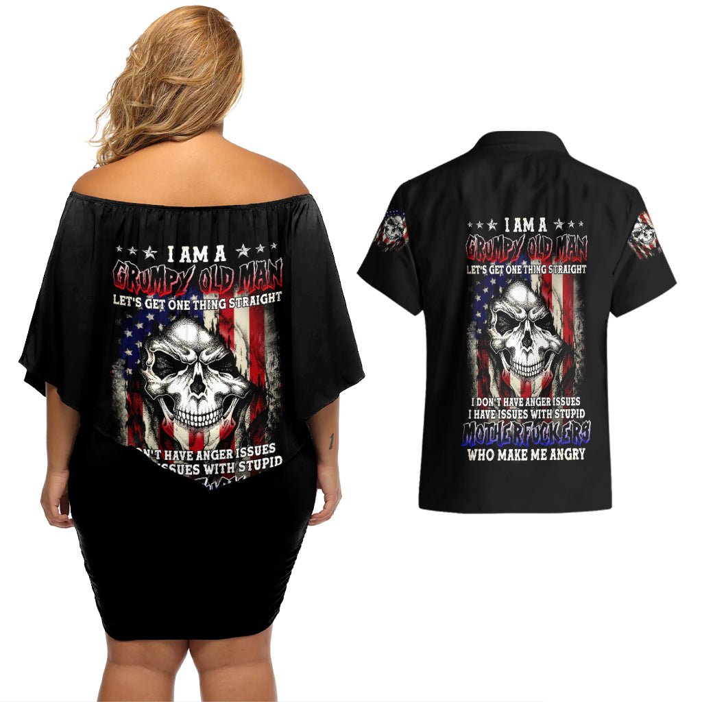 American Skull Couples Matching Off Shoulder Short Dress and Hawaiian Shirt Grumpy Old Man Motherfuckers Who Make Me Angry DT01 - The Mazicc - S - S - Black