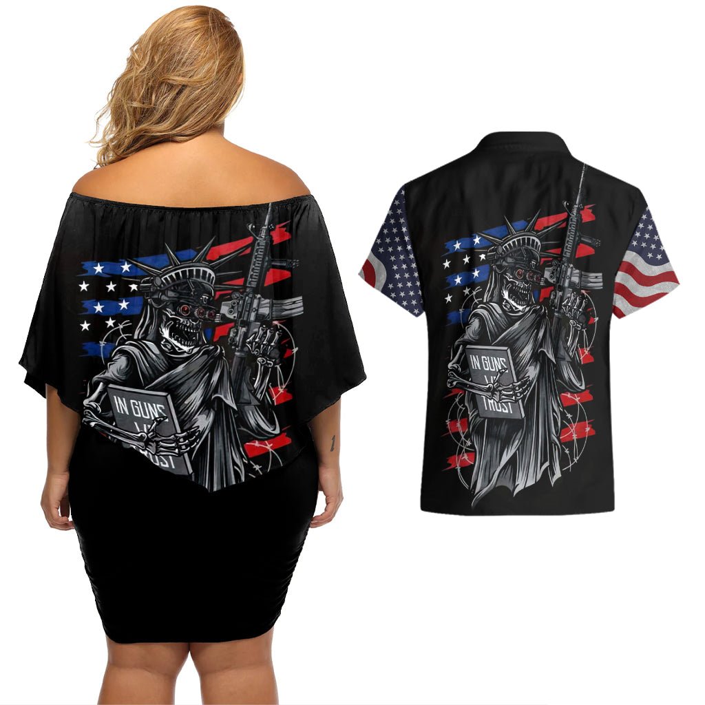 American Skull Couples Matching Off Shoulder Short Dress and Hawaiian Shirt In Gun We Trust DT01 - The Mazicc - S - S - Black