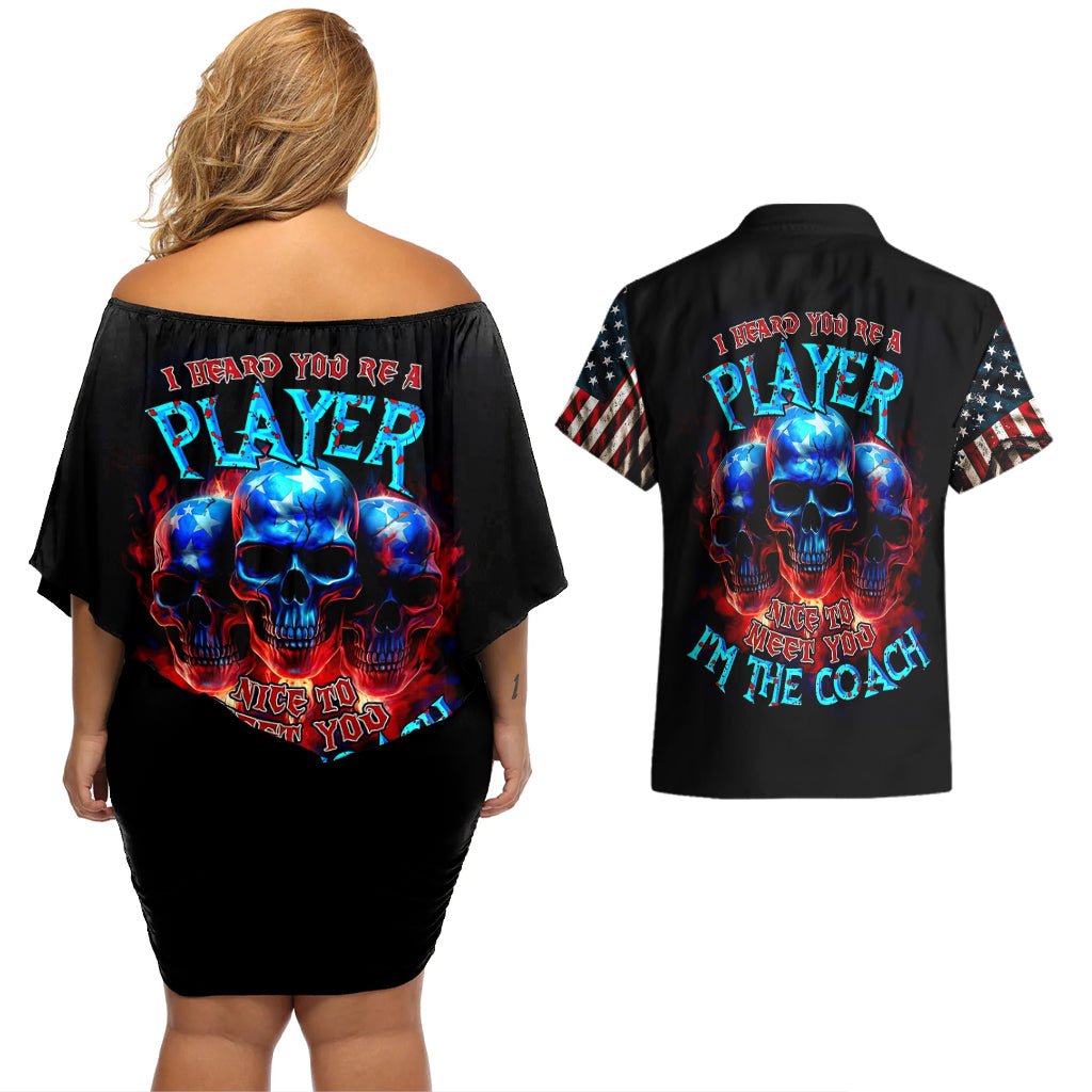 American Skull Couples Matching Off Shoulder Short Dress and Hawaiian Shirt Nice To Meet You Im The Coach DT01 - The Mazicc - S - S - Black