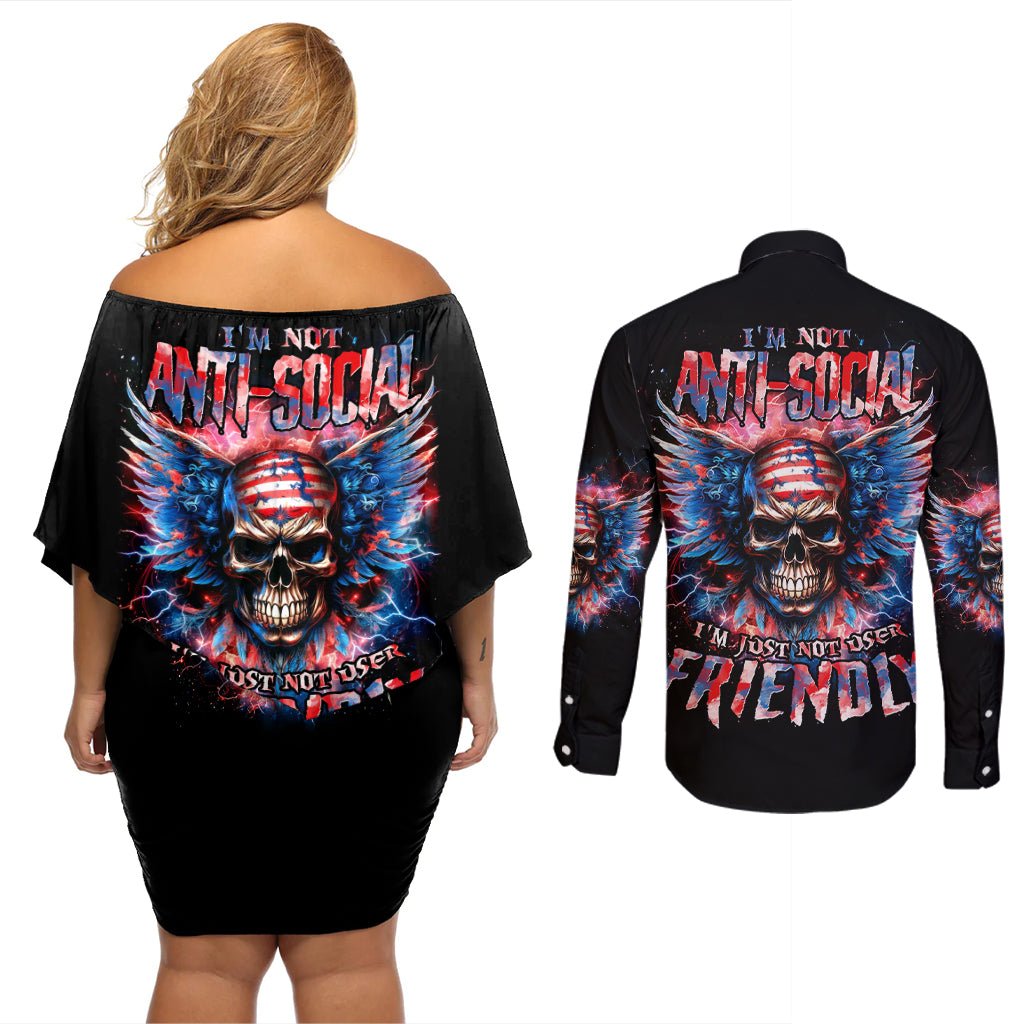 American Skull Couples Matching Off Shoulder Short Dress and Long Sleeve Button Shirt I'm Not Anti Social I'm Just Not User Friendly DT01 - The Mazicc - S - S - Black