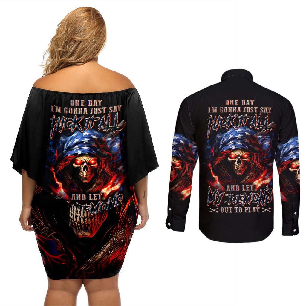 American Skull Couples Matching Off Shoulder Short Dress and Long Sleeve Button Shirt One Day I Gonna Fuck It All DT01 - The Mazicc - S - S - Black