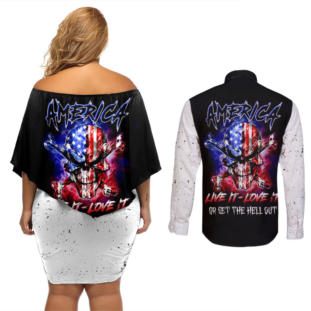 American Skull Couples Matching Off Shoulder Short Dress and Long Sleeve Button Shirts American Live It Love It Or Get The Hell Out DT01 - The Mazicc - S - S - Black