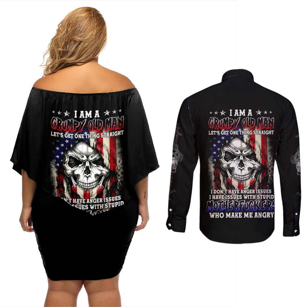 American Skull Couples Matching Off Shoulder Short Dress and Long Sleeve Button Shirts Grumpy Old Man Motherfuckers Who Make Me Angry DT01 - The Mazicc - S - S - Black