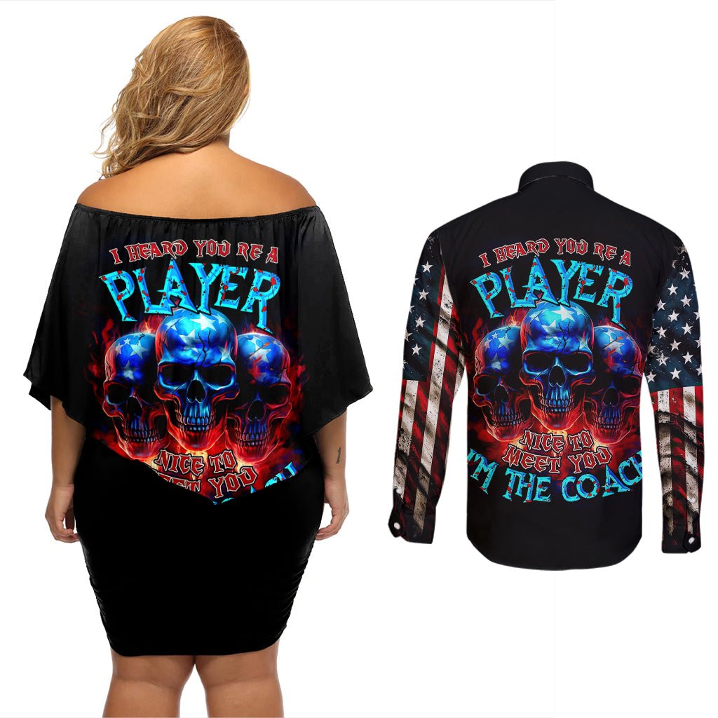 American Skull Couples Matching Off Shoulder Short Dress and Long Sleeve Button Shirts Nice To Meet You Im The Coach DT01 - The Mazicc - S - S - Black