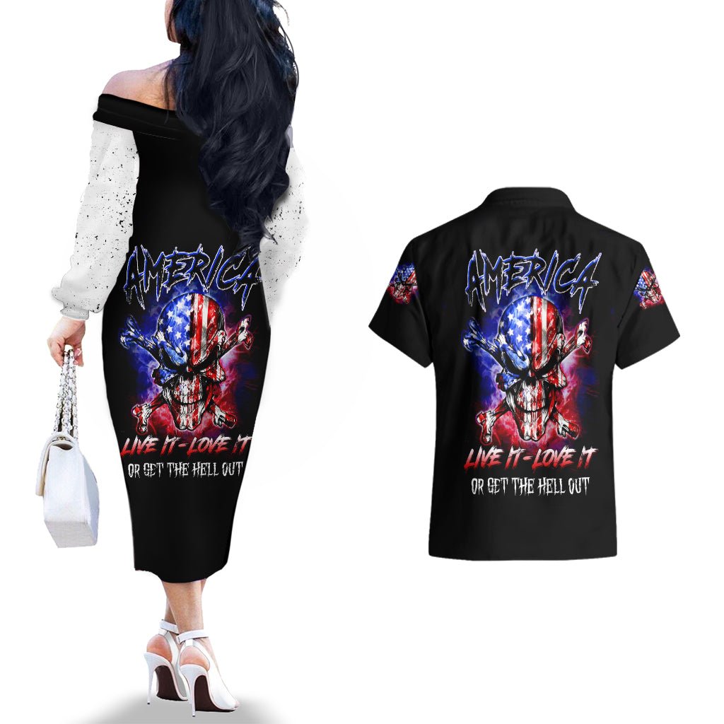 American Skull Couples Matching Off The Shoulder Long Sleeve Dress and Hawaiian Shirt American Live It Love It Or Get The Hell Out DT01 - The Mazicc - S - S - Black