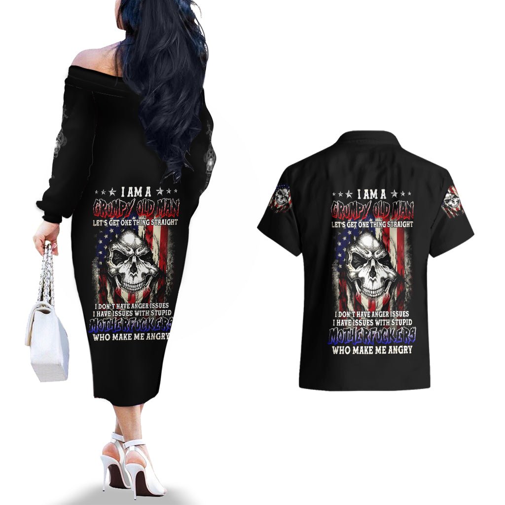 American Skull Couples Matching Off The Shoulder Long Sleeve Dress and Hawaiian Shirt Grumpy Old Man Motherfuckers Who Make Me Angry DT01 - The Mazicc - S - S - Black