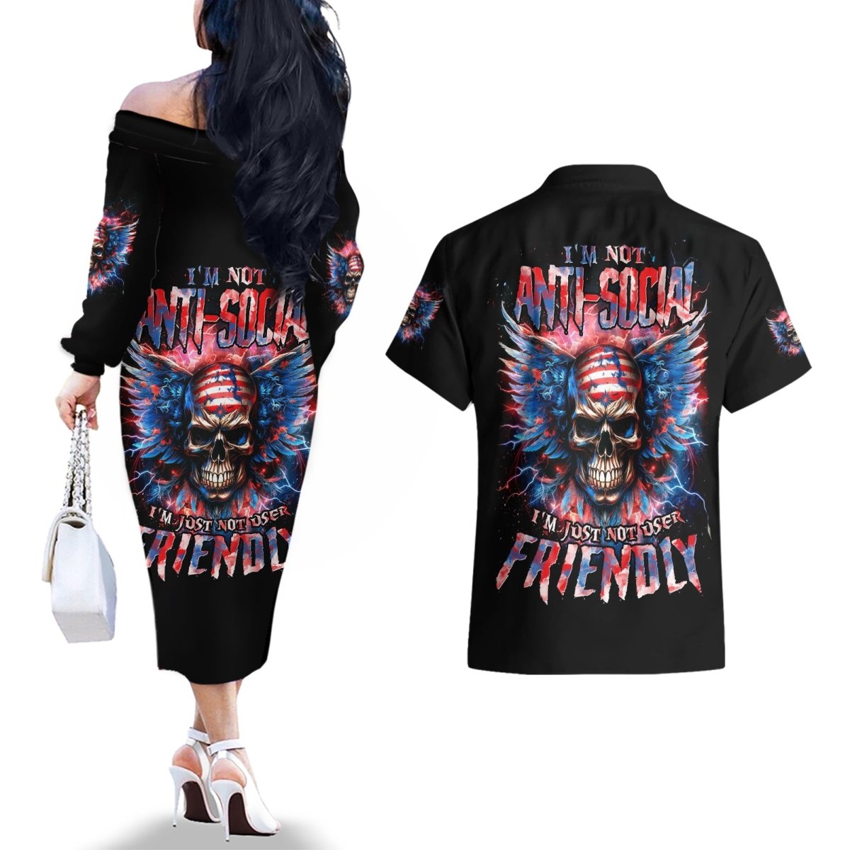 American Skull Couples Matching Off The Shoulder Long Sleeve Dress and Hawaiian Shirt I'm Not Anti Social I'm Just Not User Friendly DT01 - The Mazicc - S - S - Black