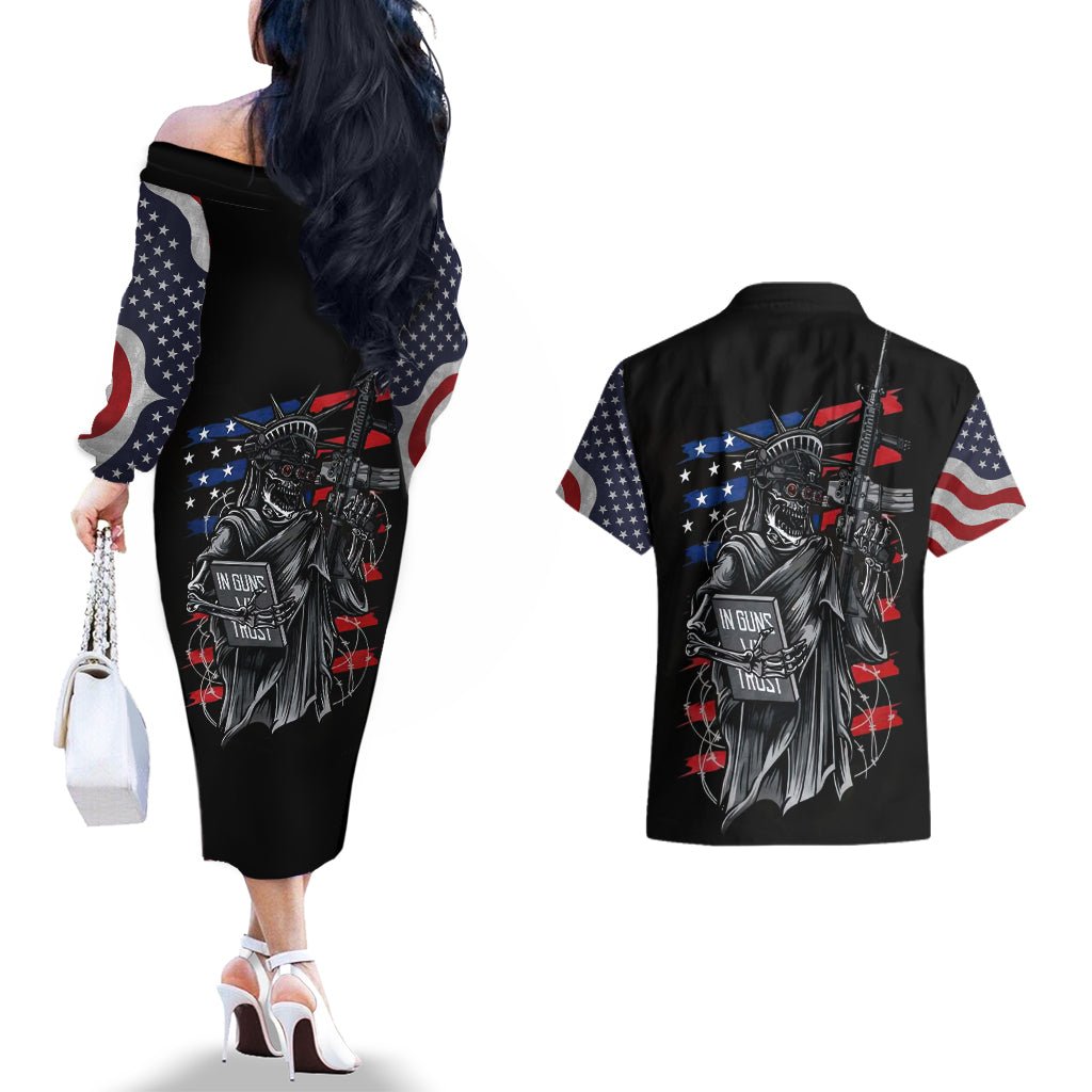 American Skull Couples Matching Off The Shoulder Long Sleeve Dress and Hawaiian Shirt In Gun We Trust DT01 - The Mazicc - S - S - Black