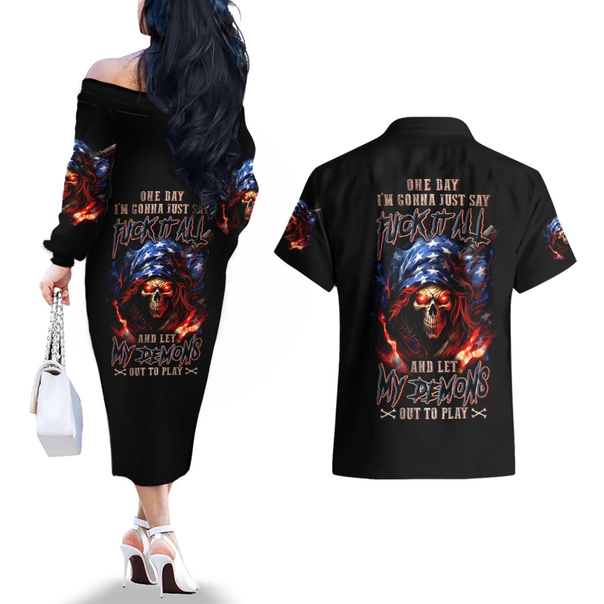 American Skull Couples Matching Off The Shoulder Long Sleeve Dress and Hawaiian Shirt One Day I Gonna Fuck It All DT01 - The Mazicc - S - S - Black