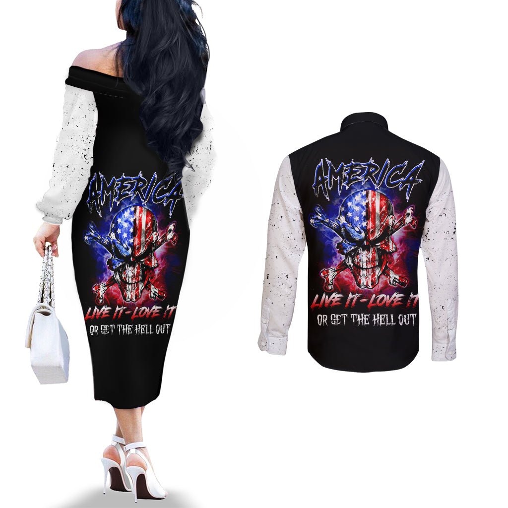 American Skull Couples Matching Off The Shoulder Long Sleeve Dress and Long Sleeve Button Shirts American Live It Love It Or Get The Hell Out DT01 - The Mazicc - S - S - Black