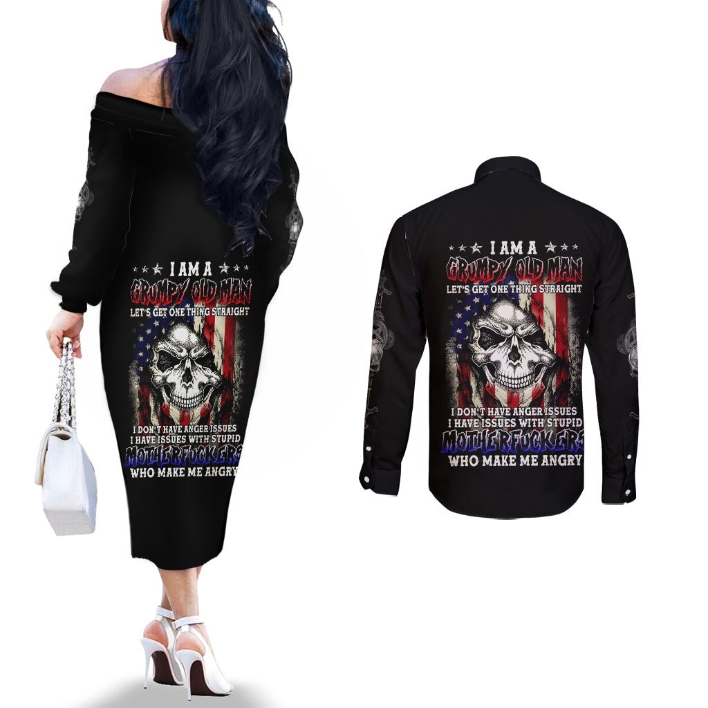 American Skull Couples Matching Off The Shoulder Long Sleeve Dress and Long Sleeve Button Shirts Grumpy Old Man Motherfuckers Who Make Me Angry DT01 - The Mazicc - S - S - Black