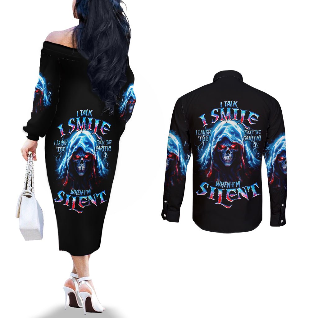 American Skull Couples Matching Off The Shoulder Long Sleeve Dress and Long Sleeve Button Shirts I Talk I Smile But Be Carefull When I Silent DT01 - The Mazicc - S - S - Black