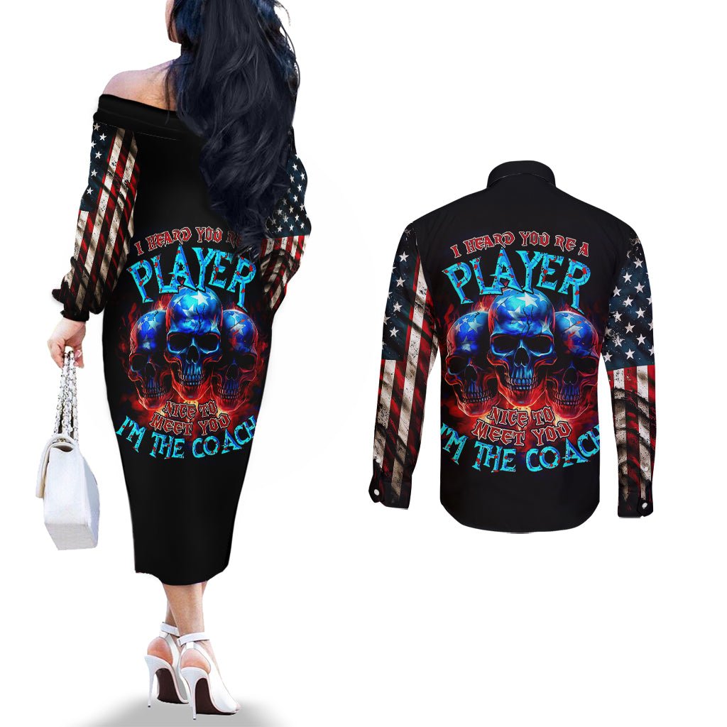 American Skull Couples Matching Off The Shoulder Long Sleeve Dress and Long Sleeve Button Shirts Nice To Meet You Im The Coach DT01 - The Mazicc - S - S - Black