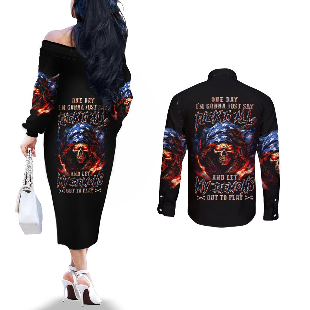 American Skull Couples Matching Off The Shoulder Long Sleeve Dress and Long Sleeve Button Shirts One Day I Gonna Fuck It All DT01 - The Mazicc - S - S - Black