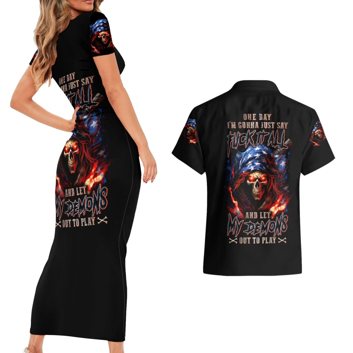 American Skull Couples Matching Short Sleeve Bodycon Dress and Hawaiian Shirt One Day I Gonna Fuck It All DT01 - The Mazicc - S - S - Black