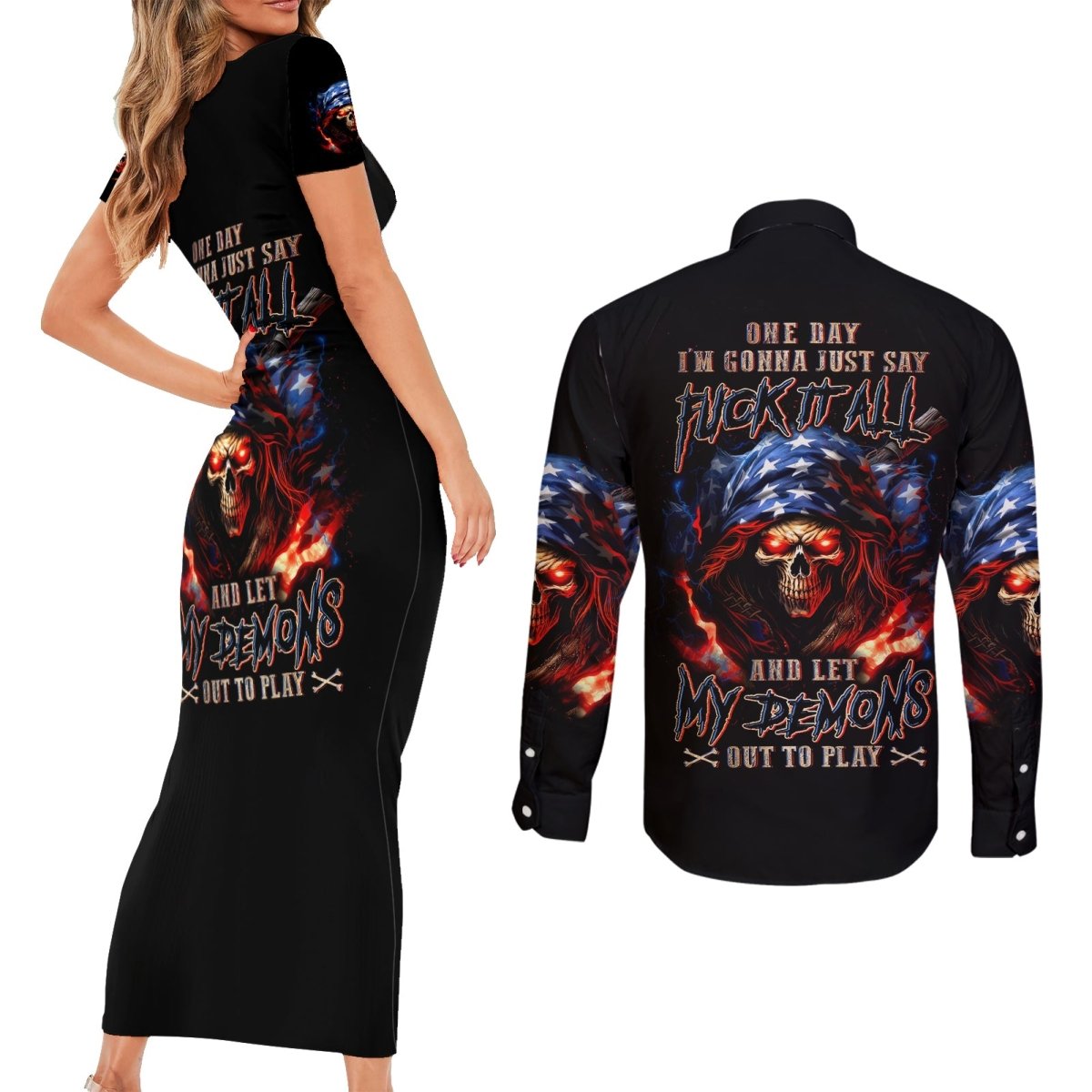 American Skull Couples Matching Short Sleeve Bodycon Dress and Long Sleeve Button Shirt One Day I Gonna Fuck It All DT01 - The Mazicc - S - S - Black