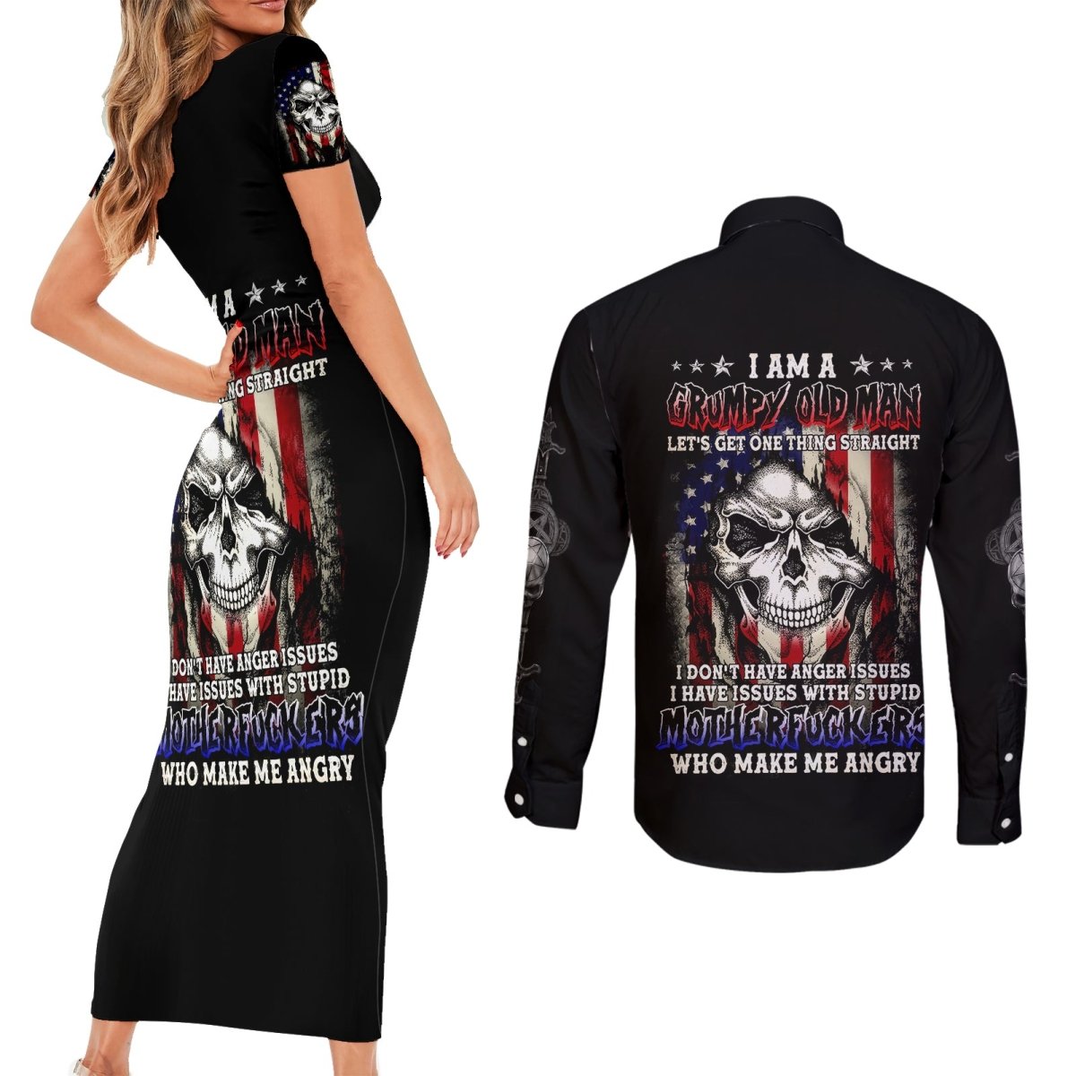 American Skull Couples Matching Short Sleeve Bodycon Dress and Long Sleeve Button Shirts Grumpy Old Man Motherfuckers Who Make Me Angry DT01 - The Mazicc - S - S - Black