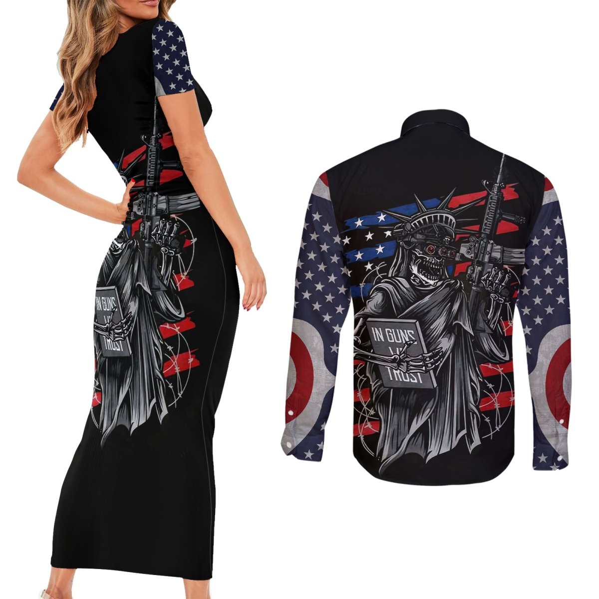 American Skull Couples Matching Short Sleeve Bodycon Dress and Long Sleeve Button Shirts In Gun We Trust DT01 - The Mazicc - S - S - Black