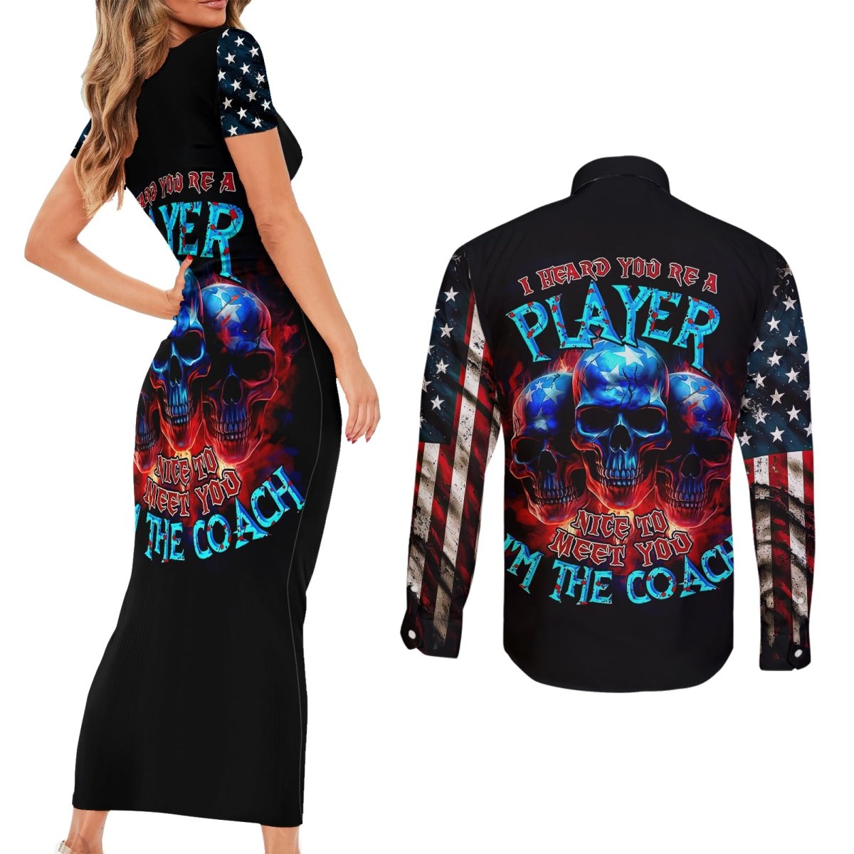 American Skull Couples Matching Short Sleeve Bodycon Dress and Long Sleeve Button Shirts Nice To Meet You Im The Coach DT01 - The Mazicc - S - S - Black