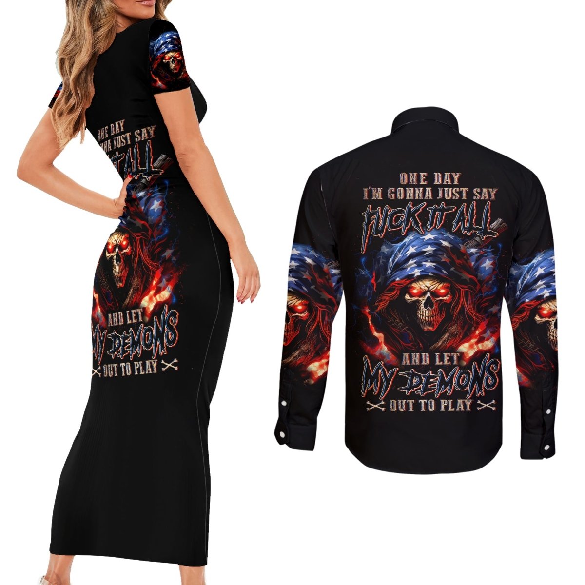 American Skull Couples Matching Short Sleeve Bodycon Dress and Long Sleeve Button Shirts One Day I Gonna Fuck It All DT01 - The Mazicc - S - S - Black