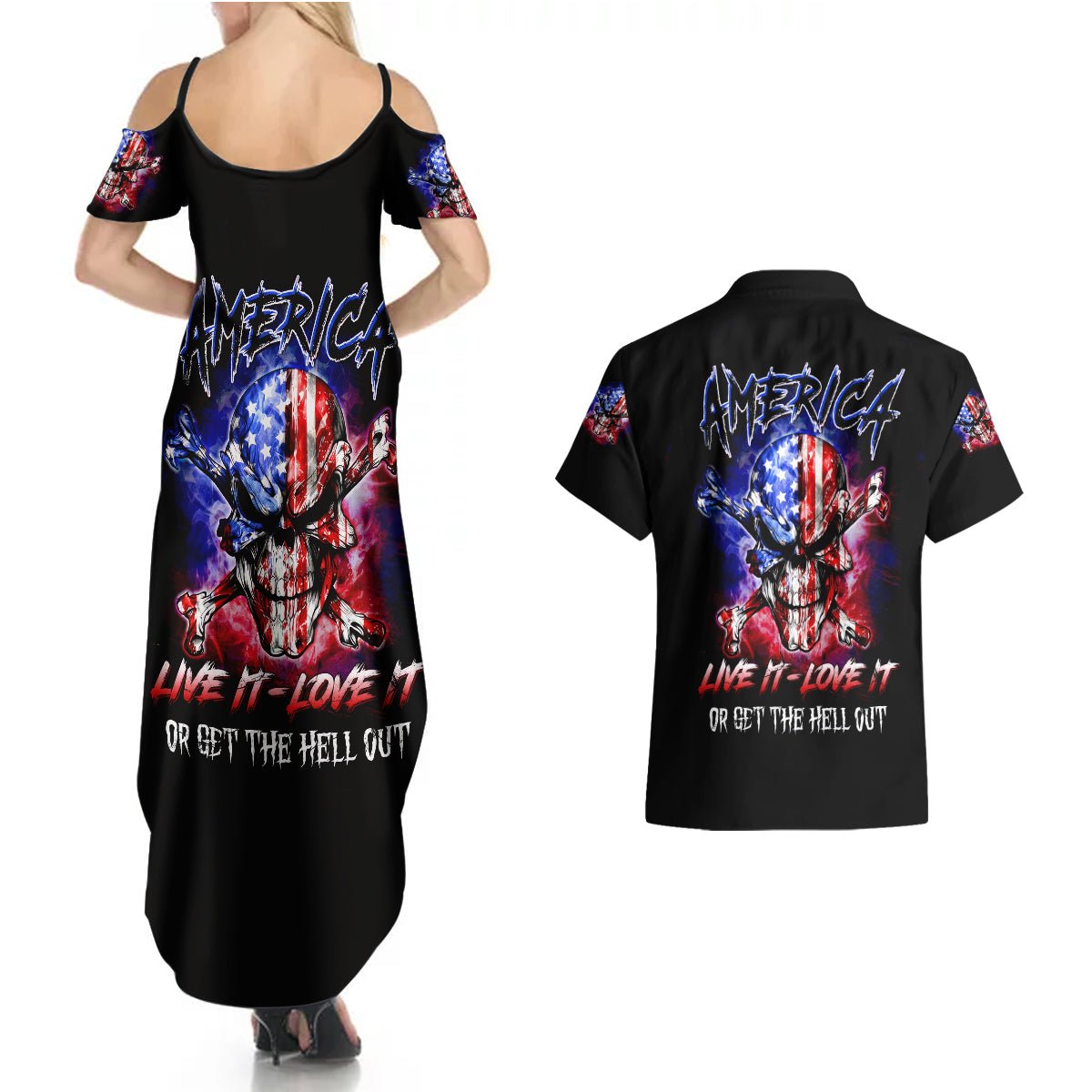 American Skull Couples Matching Summer Maxi Dress and Hawaiian Shirt American Live It Love It Or Get The Hell Out DT01 - The Mazicc - S - S - Black