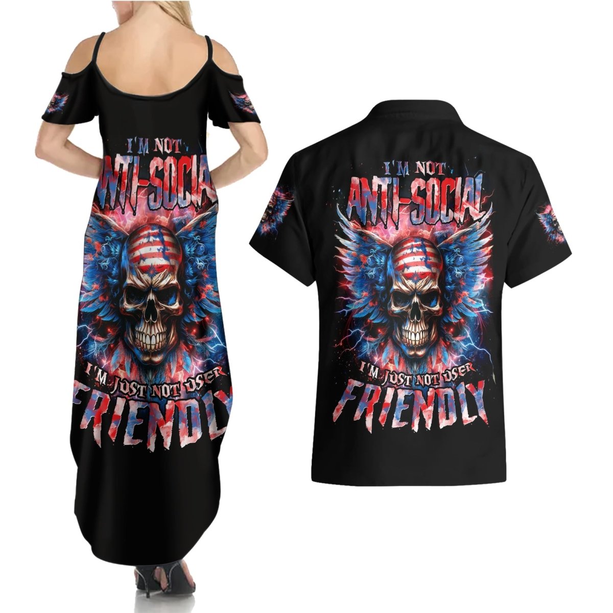 American Skull Couples Matching Summer Maxi Dress and Hawaiian Shirt I'm Not Anti Social I'm Just Not User Friendly DT01 - The Mazicc - S - S - Black