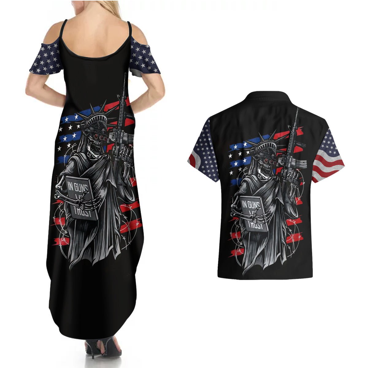 American Skull Couples Matching Summer Maxi Dress and Hawaiian Shirt In Gun We Trust DT01 - The Mazicc - S - S - Black