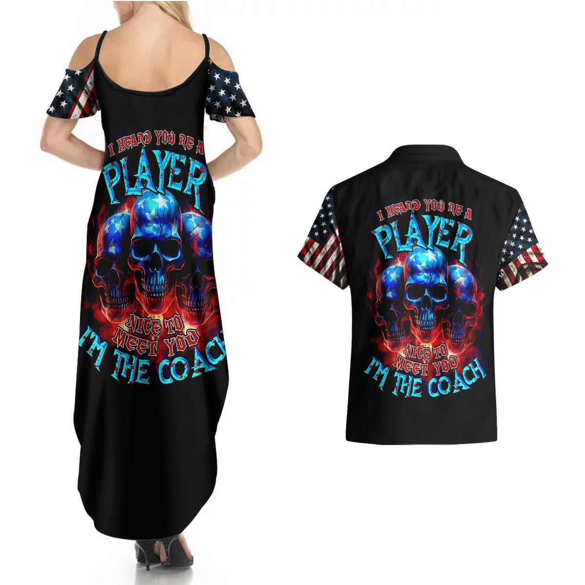 American Skull Couples Matching Summer Maxi Dress and Hawaiian Shirt Nice To Meet You Im The Coach DT01 - The Mazicc - S - S - Black